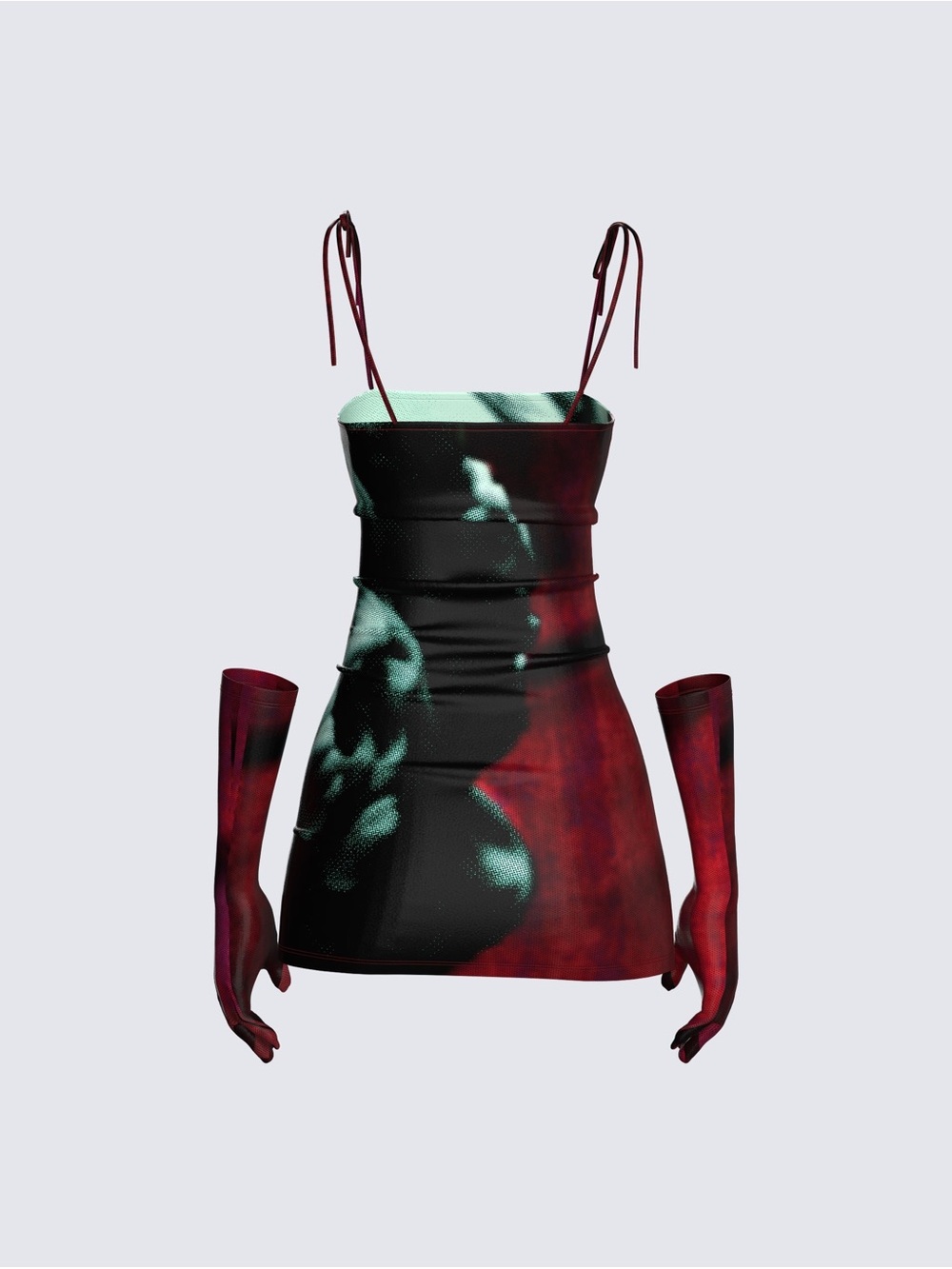 Finesse Teal and Deep Red Photo-Print Mini Dress with Matching Gloves - Picture 2 of 4
